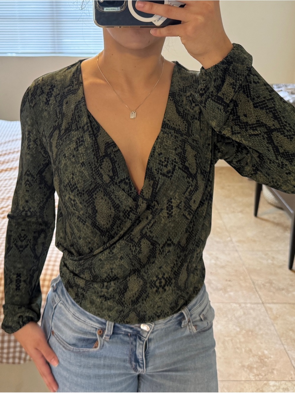Veronica M Snake Print Faux Wrap Top XS Olive Green Long Sleeve Stretch Blouse